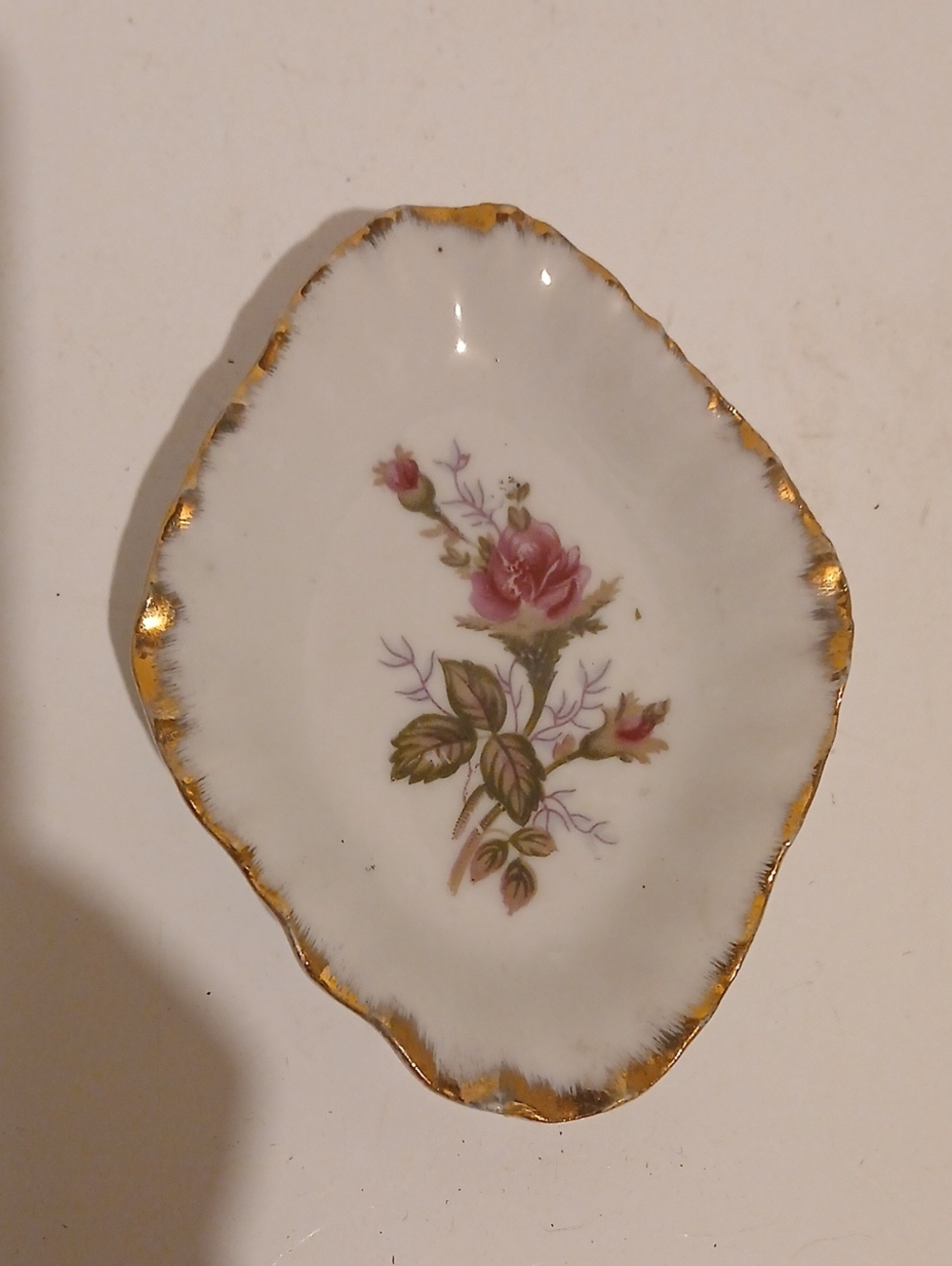 Vintage Pink Rose Porcelain Dish with Gold Trim